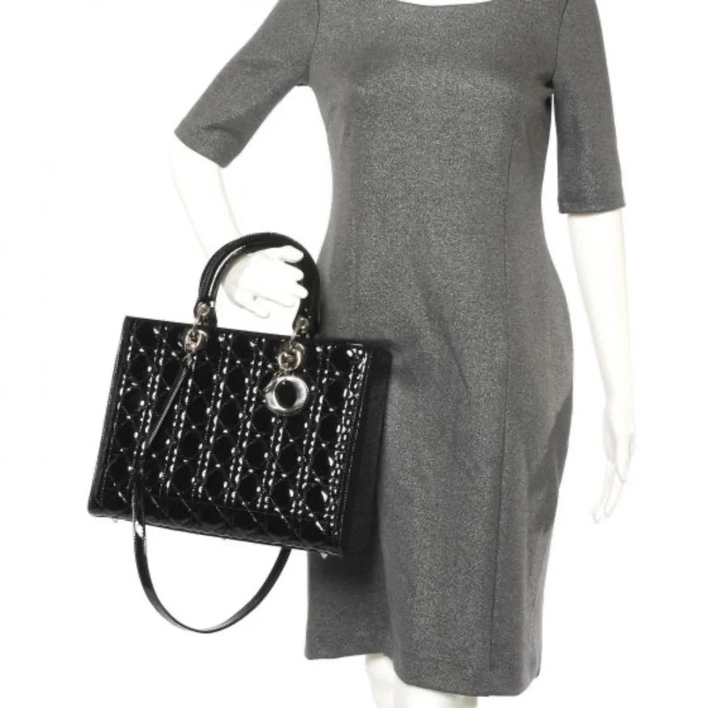 Authentic CHRISTIAN DIOR Patent Cannage Large Lady Dior Satchel Bag Black